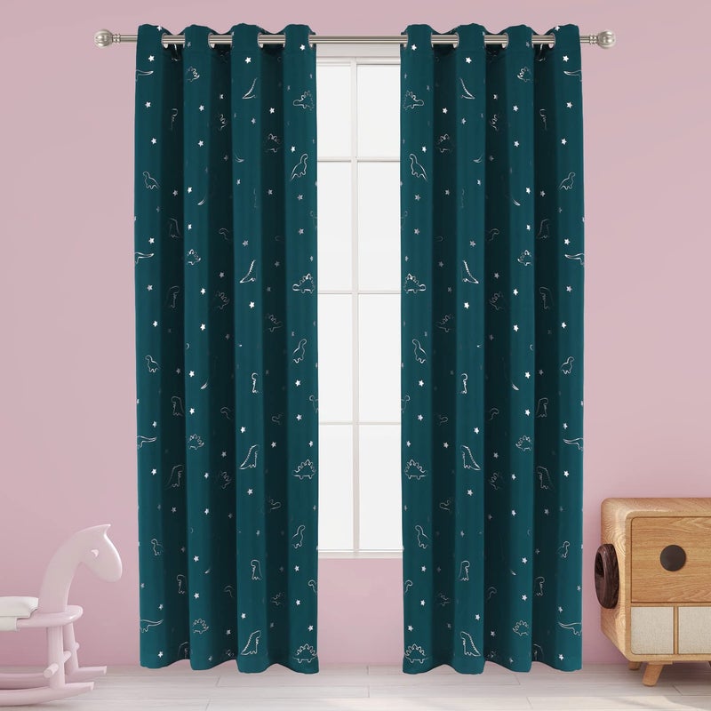 LORDTEX Dinosaur and Star Foil Print Blackout Curtains for Kids Room - Thermal Insulated Curtains Noise Reducing Window Drapes for Boys and Girls Bedroom, 52 x 84 Inch, Sapphire, Set of 2 Panels - Image 1